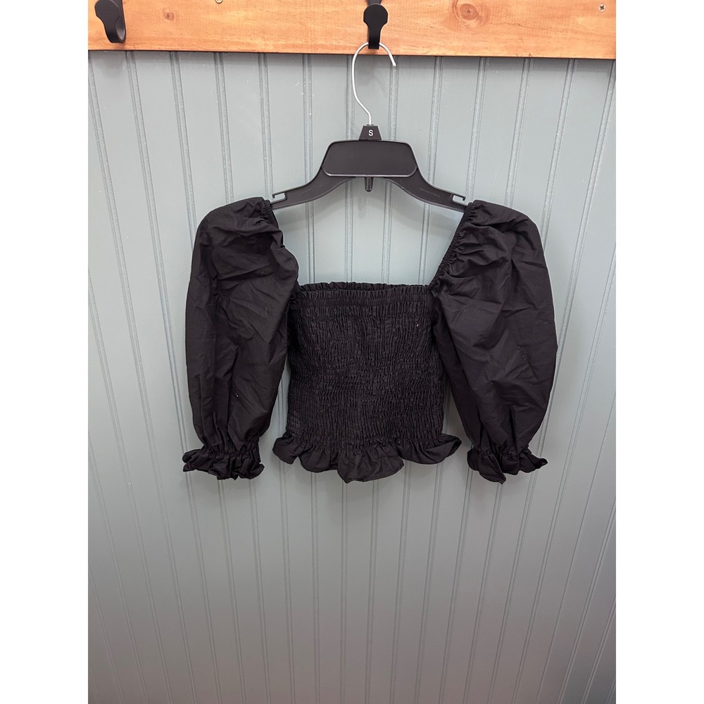 Zara Black Smocked Puff Sleeve Crop Top‎ Square Neck Ruffle Hem Women XS